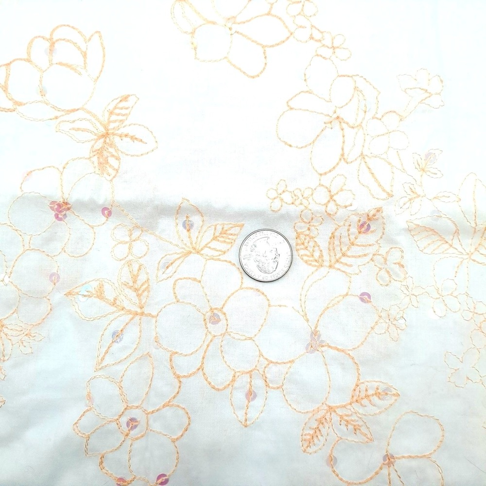 Vintage Embroidered Linen Fabric 1.6 yard White Peach Floral Sequins Lightweight